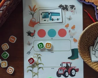 Actividad de ortografía CVC con tarjetas ilustradas de fonética, jardín de infantes, práctica de ortografía, Montessori, Waldorf, educación en casa, recurso de aprendizaje