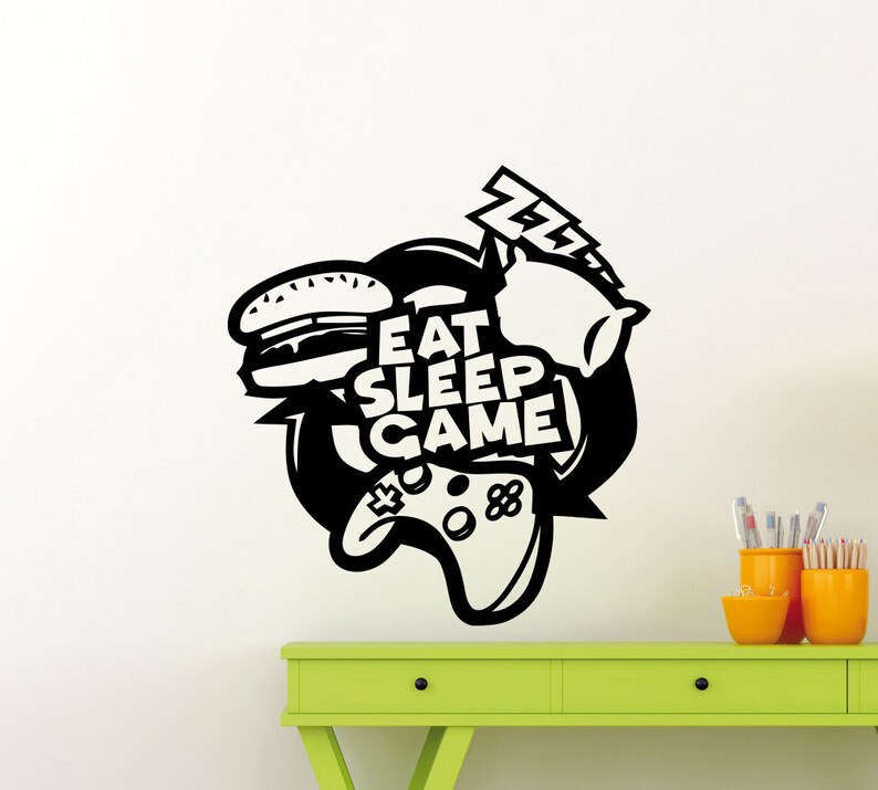 Eat Sleep Game Wall Decal Gamer Gift Vinyl Sticker Playroom Quote Xbox Controller Video Gaming Poster Teen Room Kids Art Decor Mural 161ct