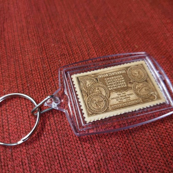 Native American "Indian" Centennial 1948 - 3 Cent Stamp Keychain with Authentic Uncanceled Stamps