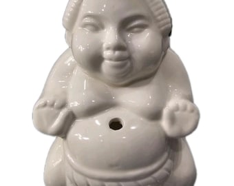 Vintage Ceramic BUDDHA Tiki Hands Out White w Hole for Straw or Incense