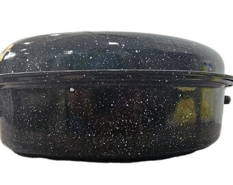 Vintage Black Speckled Enamel Oval Roasting Pan with Lid, Brand New