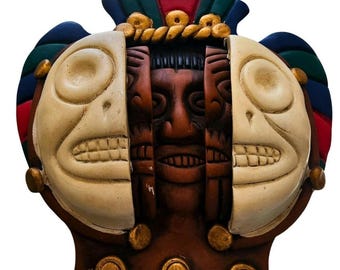 Vintage Mexico Aztec "Three Ages of Man" Terracotta Folk Art Wall Hanging