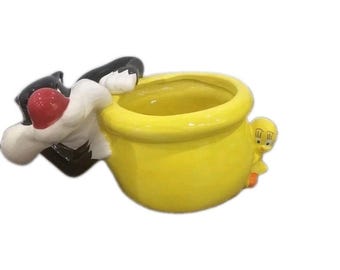 Jardinière en porcelaine Sylvester et Titi Bird vintage Looney Tunes Warner Bros.