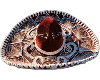 Mexican Sombrero Mariachi Vintage Pigalle Maroon & White Embroidered Costume