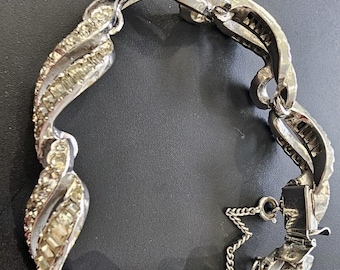 Vintage Baguette Rhinestone Bracelet Scrolled Ribbon Design, 1950s