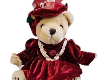 Pickford Teddy Bear Pearl Plush Stuffed Animal Red Velvet Dress 12" Brass Button