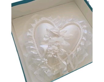 White Satin Heart Ring Bearer Pillow Wedding Ceremony Cushion w/ Floral Lace
