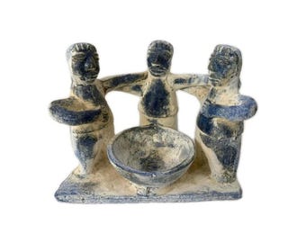 Vintage Mexican Clay Pottery Circle of Friends Candle Holder Mexican Folk Art