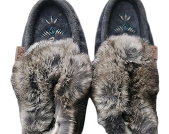 Authentic Inuit Mukluk Slippers Fur Trim Handmade Grey Winter Indoor Shoes...