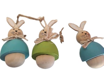 Set of 3 Wooden Bunny Easter Egg Ornaments Rustic Farmhouse Spring Decor
