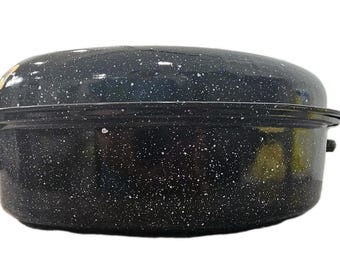 Teglia ovale da forno vintage in smalto nero maculato con coperchio, nuova di zecca