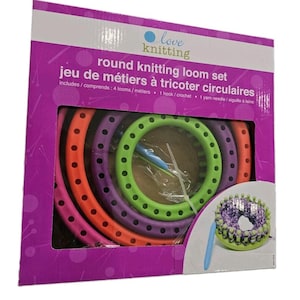 May include: A round knitting loom set in a purple box labelled love knitting. The set includes four circular plastic looms in orange, purple, and green, along with a blue hook and a yarn needle. A small image shows a green loom with yarn.