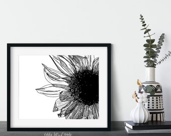 Sunflower Floral Archival Print | Floral Wall Art | Flower Art Print | Floral Art | Black and White Floral Art