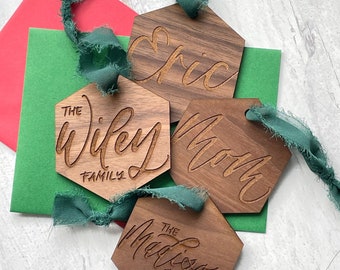 Personalized Wooden Ornaments | Stocking Tags | Walnut Engraved Ornaments | Wood Engraved Ornament | Wooden Christmas Tree Ornament