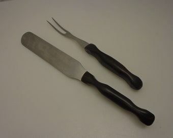 Cutco USA (2) Utensilios Panaderos Espátula 1028 & Tenedor de Carne 1026 Vintage Contoured Brown Swirl style Handles - Vintage used condition