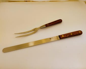 R Murphy USA vintage snijwerkset 10-inch smalle snijmachine mes en gesmede vork Houten handgrepen doorlopende tang roestvrij staal