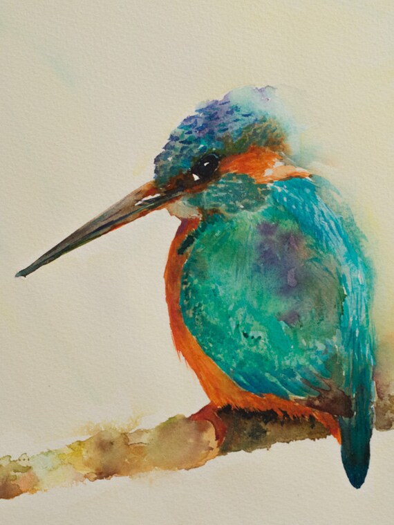Oiseau Martin Pêcheur En Bleu Turquoise Et Orange De Ma Peinture Aquarelle Originale De Ce Bel Oiseau Impression Giclée De Cet Oiseau Bleu