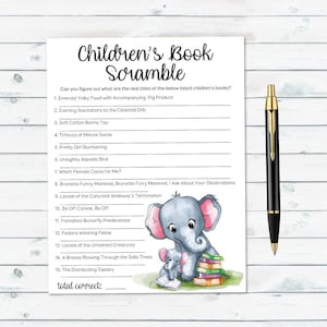 May include: A printable children's book scramble game featuring a gray elephant and a baby elephant reading books. The game asks players to figure out the real titles of 15 children's books. The text on the game reads "Children's Book Scramble" and "total correct:"