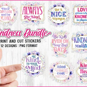 Pacchetto PNG di adesivi Kindess, adesivi pianificabili stampabili, adesivi stampa e taglia, sii gentile PNG, vibrazioni gentili, citazioni ispiratrici, positività