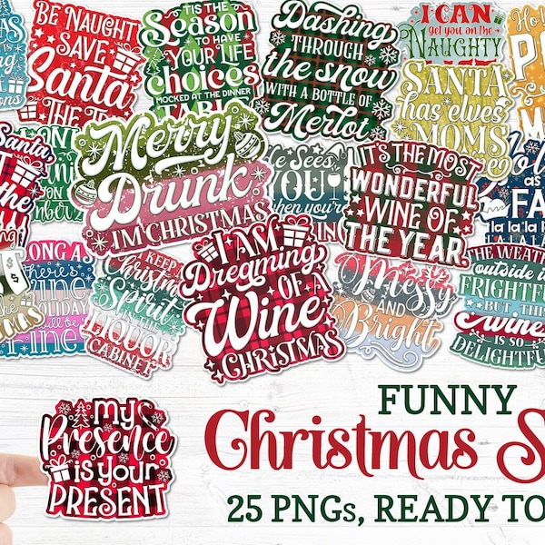 Funny Christmas Stickers Bundle, Printable Stickers PNG, Print And Cut Stickers, Planner Stickers, Christmas Stickers PNG, Journal Stickers