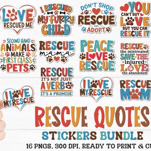 Puede incluir: Un conjunto de 16 pegatinas digitales coloridas con citas sobre perros de rescate. Las pegatinas presentan huellas de patas, corazones y varios colores. El texto en las pegatinas incluye frases como "Rescue Mama", "Me encanta mi rescate" y "Las mejores cosas de la vida son rescatadas".