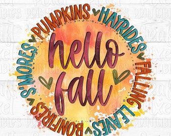 Hello Fall PNG, Fall Shirt Sublimation, Autumn Sublimation, Falling LEaves, Fall Sublimation Quote, Thankgsgiving, Fall Mug PNG, Pumpkins