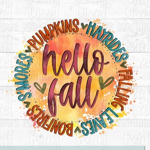 Hello Fall PNG、秋のシャツ昇華、秋の昇華、落ち葉、秋の昇華名言、感謝祭、秋のマグカップPNG、カボチャ