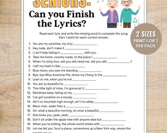 Finish the Lyrics Game for Seniors, Printable Senior Music Trivia, Song Memory Game for Elderly Activities & Group Fun