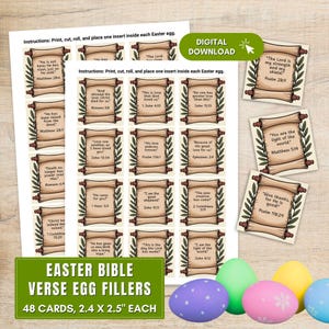 May include: Easter Bible verse egg fillers with 48 cards, each measuring 2.4 x 2.5 inches. The cards feature Bible verses on scrolls with decorative leaves. Colorful Easter eggs are in the foreground.