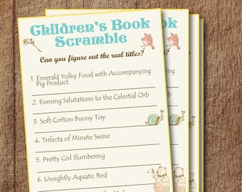 Storybook Baby Shower Children's Book Scramble Game, Printable Storybook Scramble Game, How Well Do You Know Children's Literature