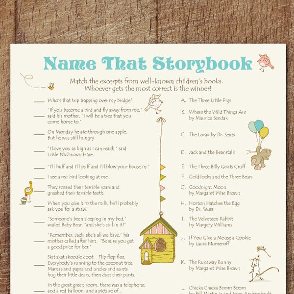 Storybook Baby Shower Name That Storybook Printable Game, Storybook Match Game, How Well Do You Know Children's Literature, Storybook Game
