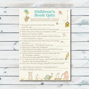 Children’s Book Quiz, Printable Storybook Baby Shower Game, Build A Library, Book Theme Game, Book Quiz, Baby Book Game, Storybook Printable