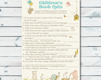 Children’s Book Quiz, Printable Storybook Baby Shower Game, Build A Library, Book Theme Game, Book Quiz, Baby Book Game, Storybook Printable
