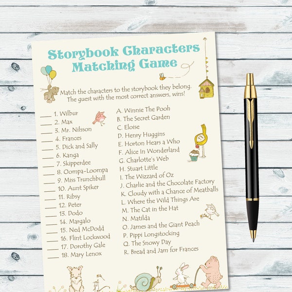 Storybook Characters Matching Game, Children's Book Shower Game, Storybook Baby Shower Game, Name That Storybook, Baby Book Shower Printable