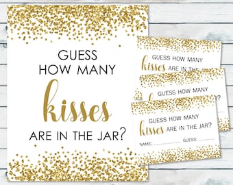 How Many Kisses In The Jar Printable, Gold Confetti Kisses Guessing Game, Guess How Many Kisses Sign And Cards, Bridal Shower Candy Guess