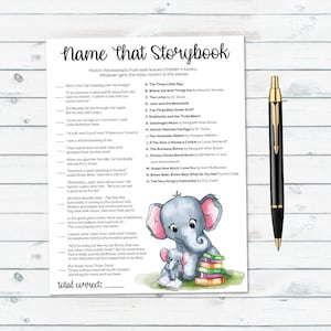 May include: A printable game for kids featuring a cartoon elephant and a stack of books. The game is called "Name that Storybook" and asks players to match excerpts from well-known children's books to their titles.