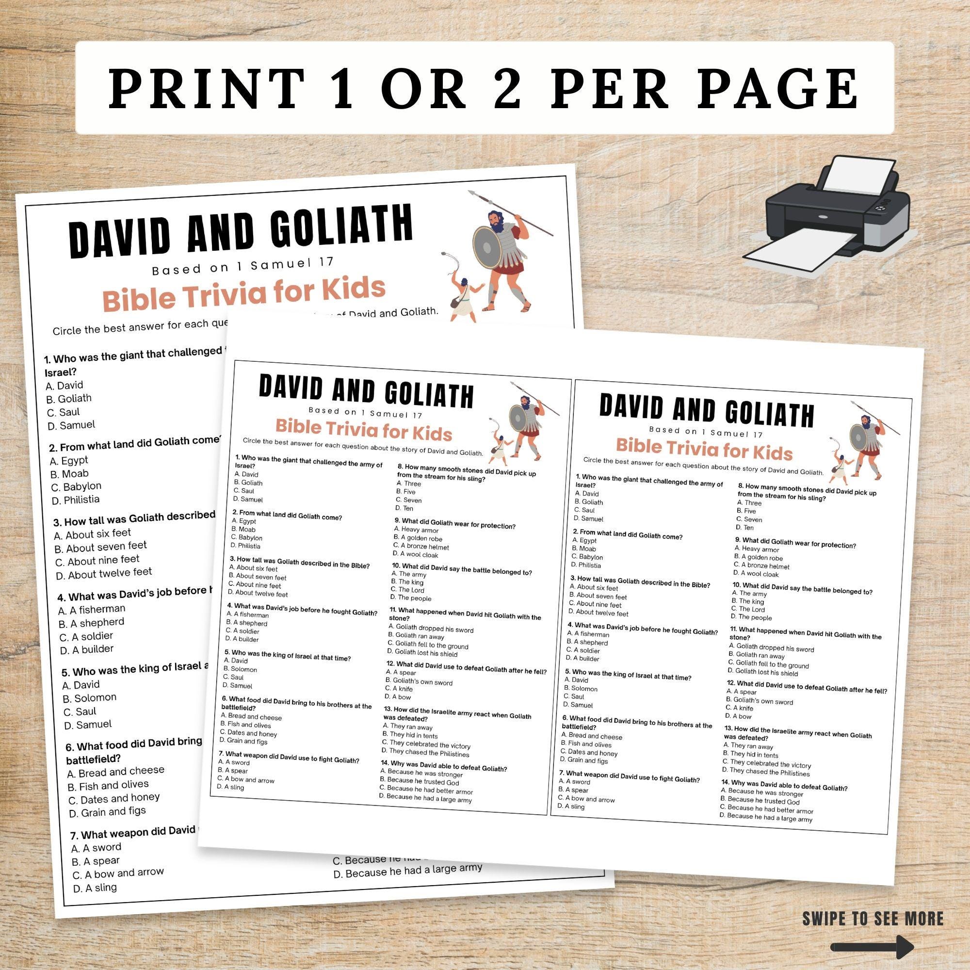 David and Goliath Bible Trivia Game for Kids, Sunday School Printable ...