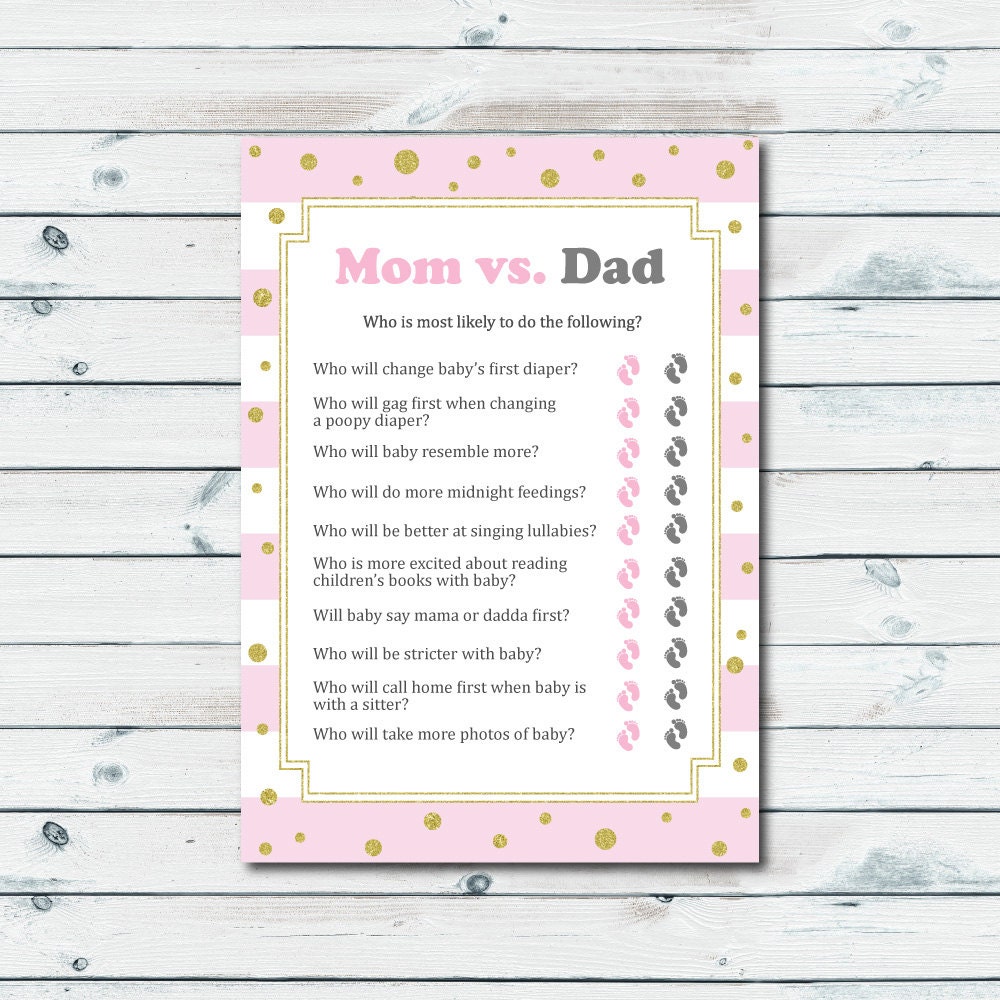 Mom Vs Dad Quiz Baby Shower Printable Game Pink And Gold 50