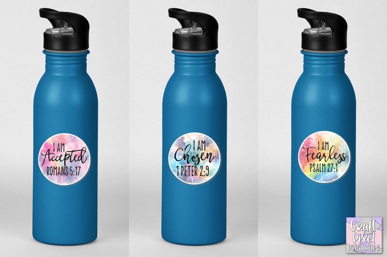 May include: Three blue water bottles with colorful watercolor stickers. The stickers have inspirational messages and bible verses. The first sticker says "I am Accepted Romans 5:17". The second sticker says "I am Chosen 1 Peter 2:9". The third sticker says "I am Fearless Psalm 27:1".