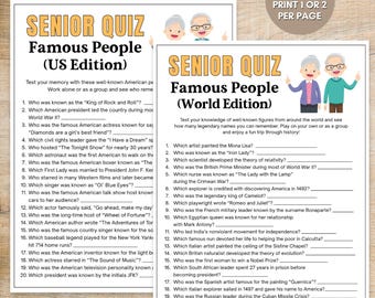 Senior Trivia Quiz Printable Game, Elderly Group Activity for Nursing Home, Memory Challenge Brain Game for Seniors