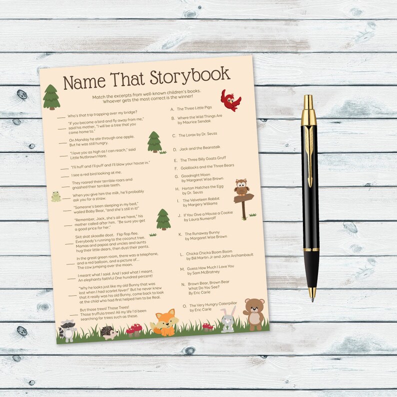 Woodland Storybook Baby Shower Game Children S Book Game Etsy
