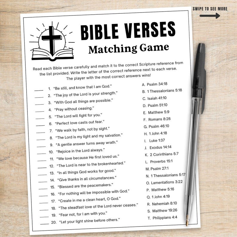 Bible Verse Match up Game Printable, Christian Scripture Matching ...