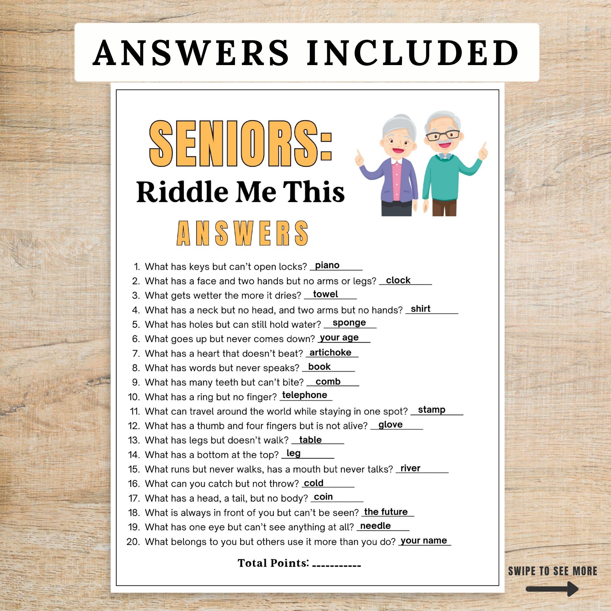Senior Riddles Worksheet Printable Senior Riddles Game Printable, Riddle Me This Trivia for Seniors, Brain ...