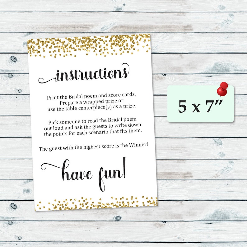 Bridal Poem Game Bridal Shower Points Poem Gold Confetti Etsy
