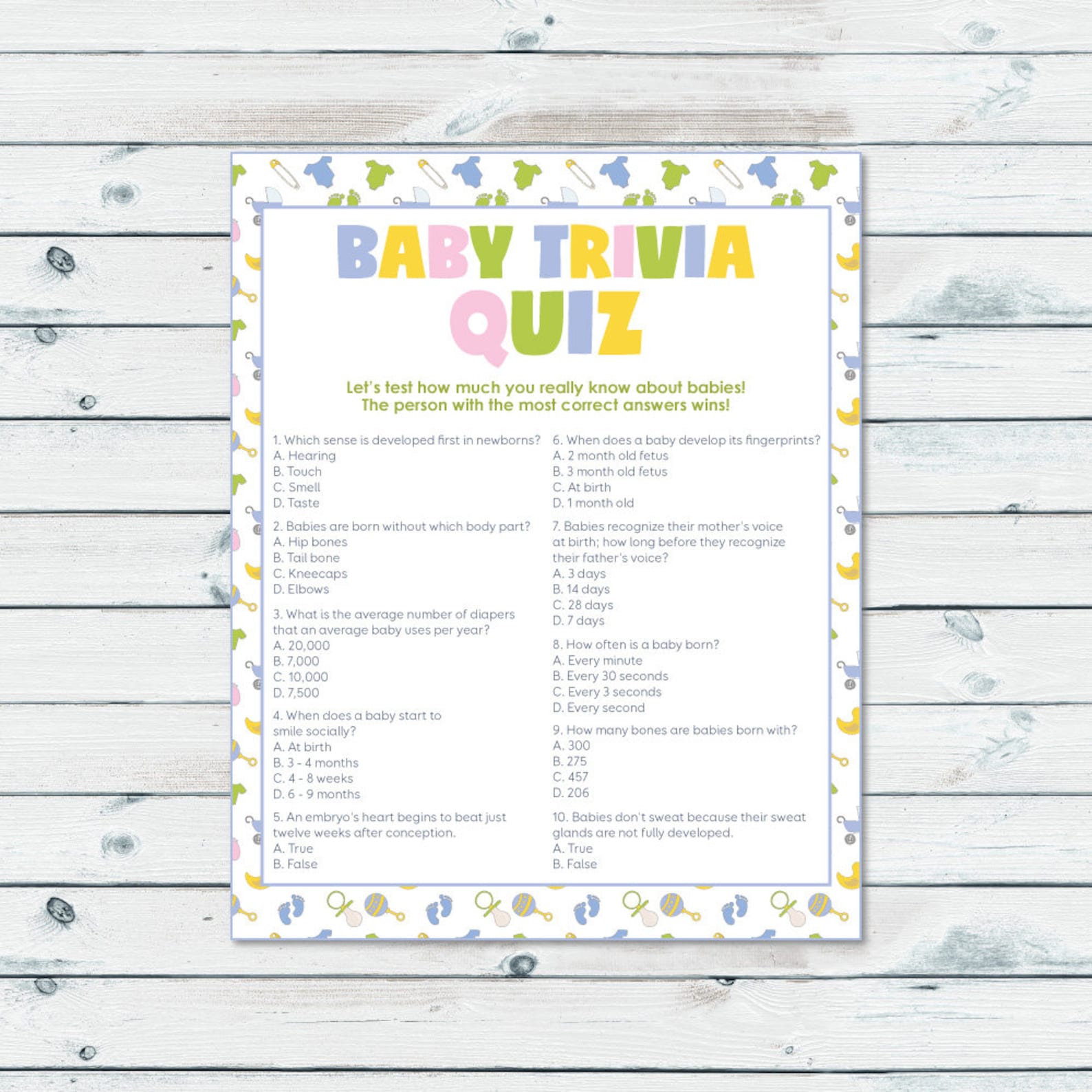 Baby Shower Trivia Game Baby Trivia Quiz Printable Neutral Etsy Australia
