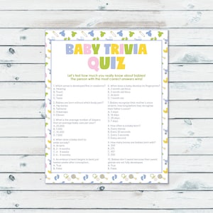 Op de afbeelding: Een printbare baby-triviaquiz met een roze, gele en blauwe kleurstelling. De quiz heeft 10 vragen over baby's, zoals wanneer ze vingerafdrukken ontwikkelen, met hoeveel botten ze worden geboren en wanneer ze sociaal beginnen te lachen.