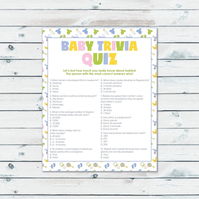 Baby Shower Trivia Game Baby Trivia Quiz Printable Neutral Etsy
