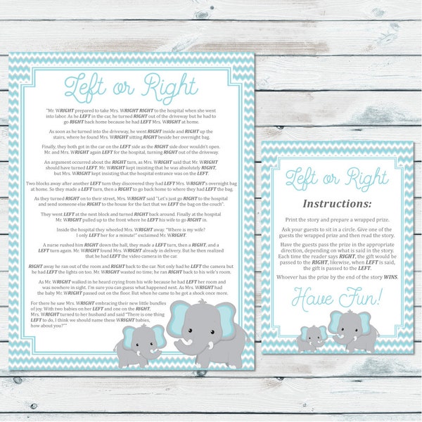 Left Or Right Baby Shower Game, Pass The Prize Baby Game, Blue Elephant Games, Baby Shower Prize Game, Right Left Game, Pass The Gift Game