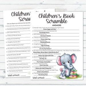 May include: A printable children's book scramble game with a green background and illustrations of elephants reading books. The game includes 15 questions with answers about popular children's books. The text on the game says "Children's Book Scramble".