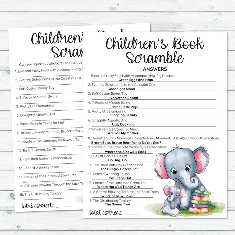 May include: A printable children's book scramble game with a green background and illustrations of elephants reading books. The game includes 15 questions with answers about popular children's books. The text on the game says "Children's Book Scramble".